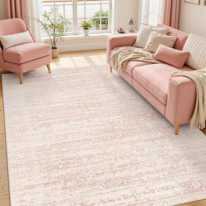 Pink 6x9 Area Rugs for Baby Girl Nursery, Washable Rugs Vintage Floral Non-Slip Low Pile Soft Throw Carpet for Living Room Dining Room Bedroom Kids Playroom (Pink, 6'x9')