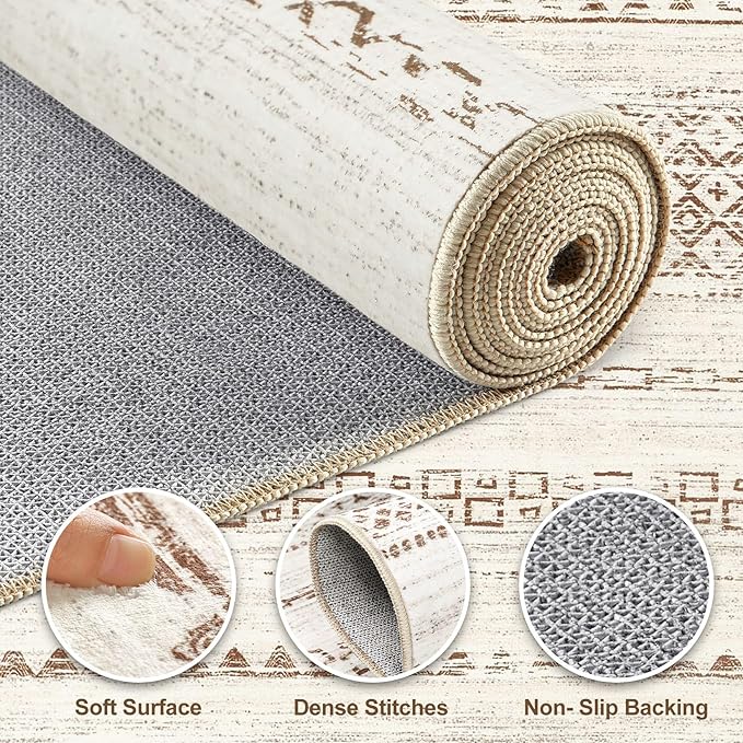 Nakagishi Round Rug Boho Area Rugs: 4x4 Washable Large Circle Neutral Soft Stain Resistant Non-Slip Carpet for Women Aged 25-45 Farmhouse Decor Enthusiasts - Living Room Bedroom Dining Room Nursery