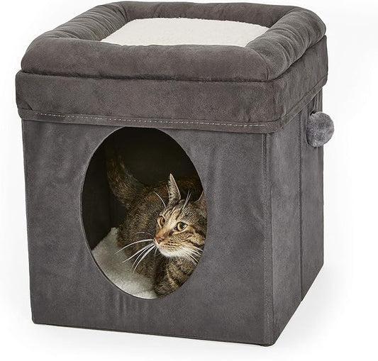 MidWest Homes for Pets Cat Cube, 15.5 x 15.5 x 16.6 Inches, Foldable Cat Hideout with Toy, Bolstered Bed Top, Faux Gray Suede, Synthetic Sheepskin Bedding