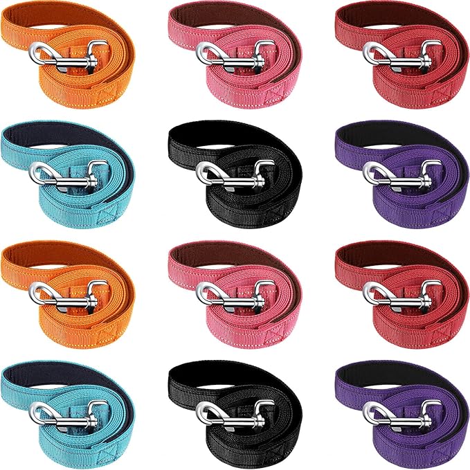 Vicenpal 12 Pcs Double Sided Reflective Dog Leash with Soft Padded Handle, Bulk Nylon Animal Leashes for Medium and Large Dogs Heavy Duty Animal Leash for Walking, Training, 6 Colors(5 ft,Cute Colors)
