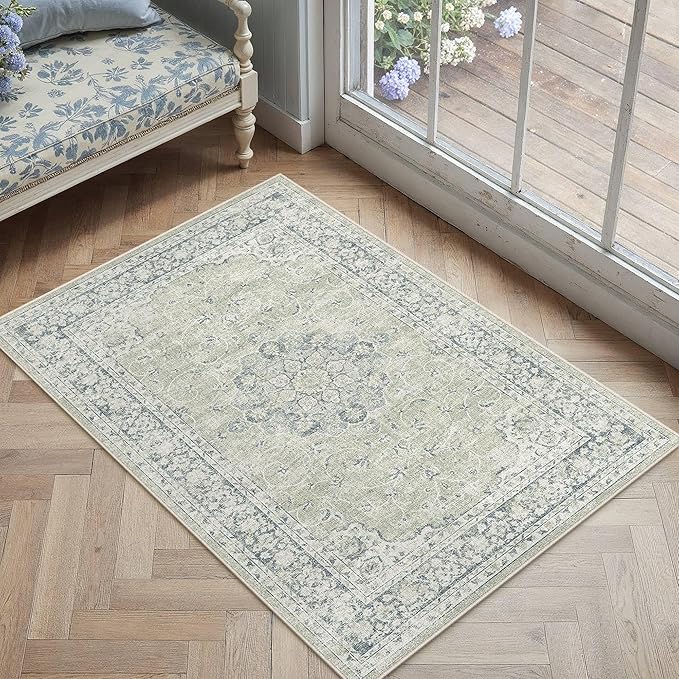 HUGEAR Entryway Machine Washable Area Rugs 2x3 Vintage Sage Green Small Neutral Style Non Slip Stain Resistant Low Pile Throw Carpet for Hallway Kitchen Retro Aesthetic Modern Decor