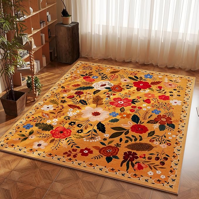 Rugcomf Area Rug 4x6 Rug Washable Boho Rugs Non Slip Low Pile Floral Small Carpet for Bedroom, Bedside, Kids Room, Office, Dining Room(Yellow)