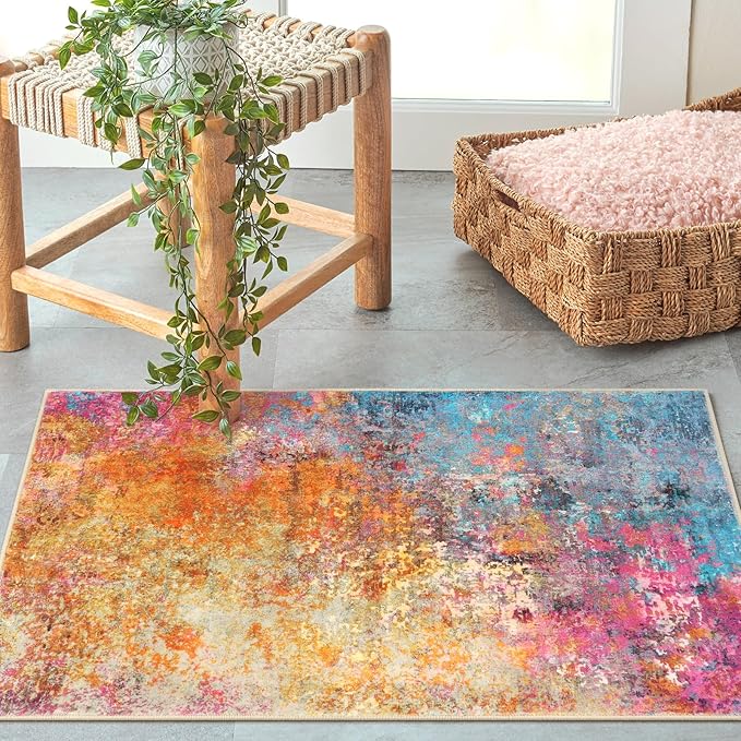 Lahome Modern Abstract Area Rug - 2x3 Small Kitchen Rug Washable Rugs for Entryway Colorful Bathroom Rug Non Slip, Rainbow Contemporary Front Indoor Doormat Floor Throw Carpet for Bedroom