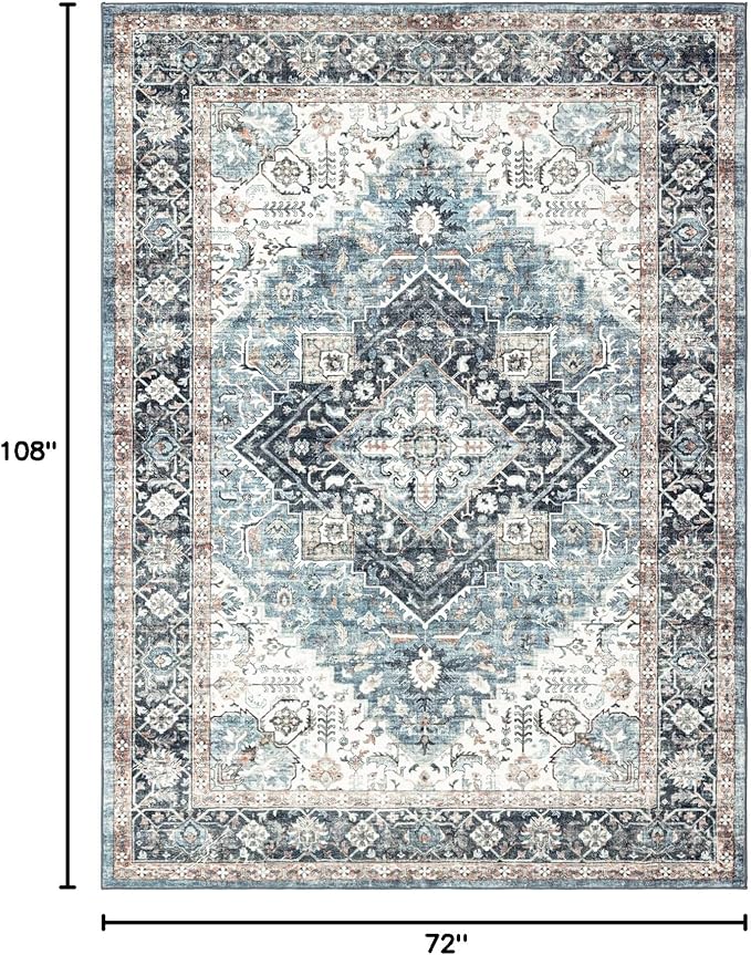 Area Rug 6횞9, Large Vintage Boho Rug,Ultra-Soft Low Pile, Washable, Non Slip,Stain Resistant, Printed Carpet for Living Room Bedrooms Playroom Office Kitchen, Blue/Navy
