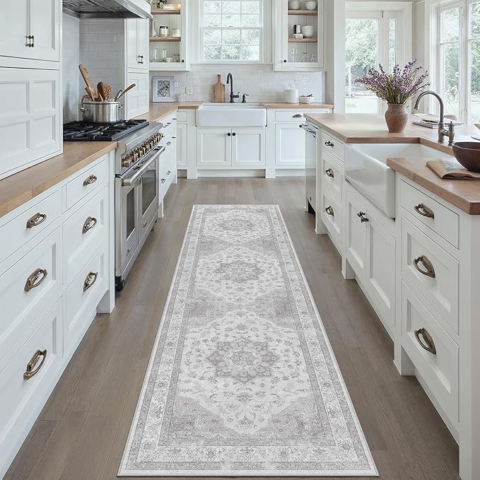 Grey Gray Runner Rug 2x8 Washable Vintage Long Carpet for Hallway Kitchen Soft Retro Low Pile Thin Indoor Runner Non Slip Oriental Medallion Throw Rug for Bathroom Bedroom Laundry Dining Room