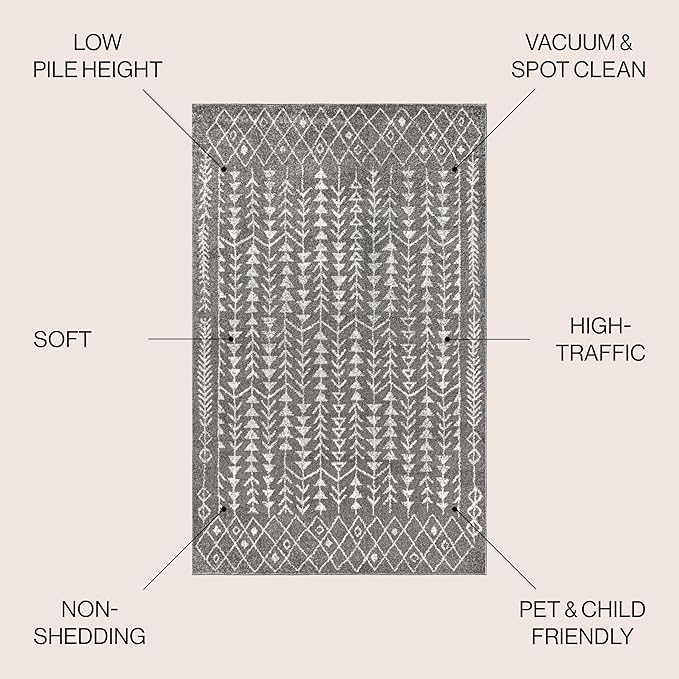 JONATHAN Y Ziri Moroccan Geometric Gray/Cream Indoor Area Rug, 5x8, Bohemian, Scandinavian, Easy-Cleaning for Living Room, Bedroom, Kitchen, Pet Friendly, Non-Shedding (MOH210B-5)