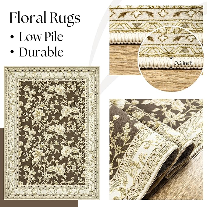 Brown Floral Print Area Rugs for Bedroom Living Room Boho Farmhouse Country Rustic Dining Room Carpet Soft Washable Rugs Non Slip Floor Covering for Nursery Playroom 3x8