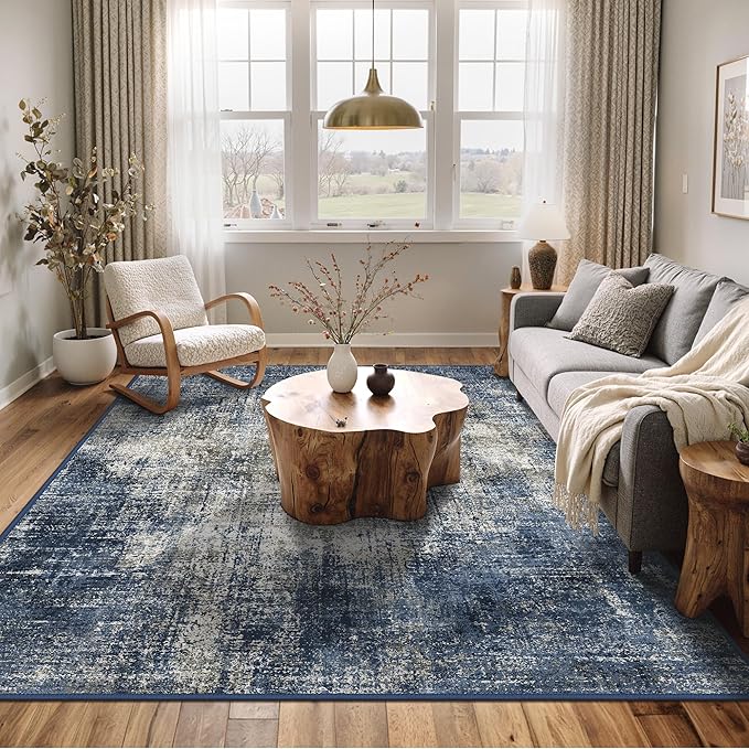 Area Rugs 9x12 for Living Room Bedroom, Modern Abstract Machine Washable Rug, Large Soft Low Pile Floor Carpet with Non Slip Backing for Dining Room, Blue&Gray