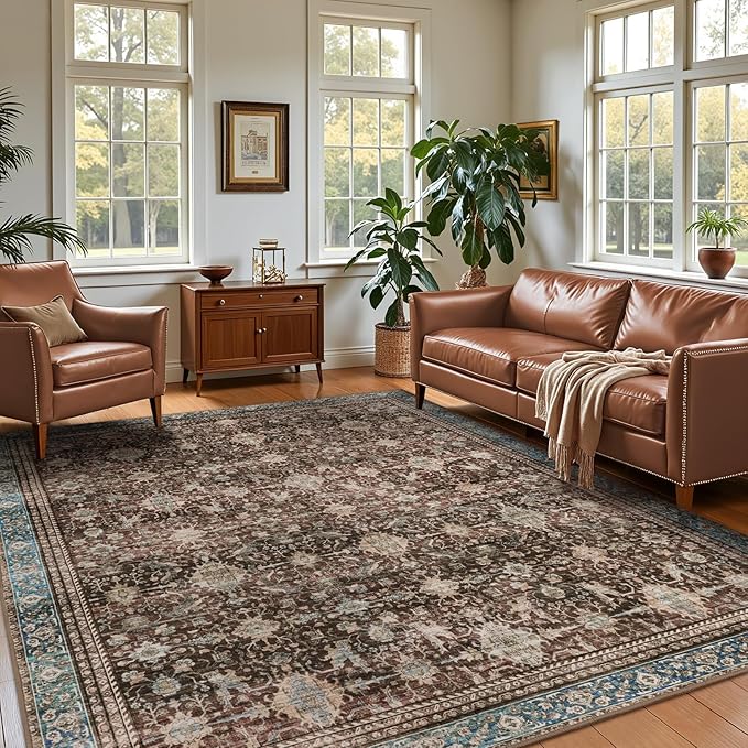 Washable Area Rugs 5x7 Vintage Red, Indoor Rug for Living Room Bedroom, Traditional Farmhouse Carpet for Dining Room
