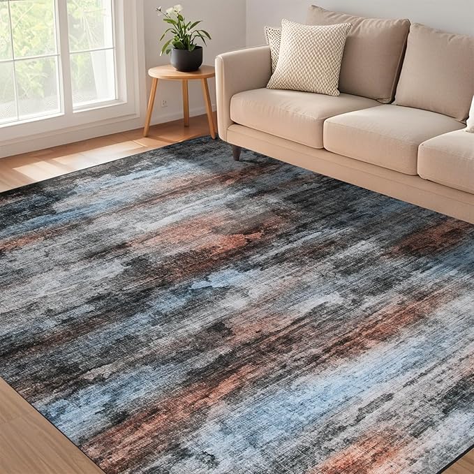 WILLSUN Washable Area Rugs, 5x7 Non-Slip Boho Large Area Rugs for Living Room, Bedroom, Machine Washable Vintage Rug, Indoor Floral Print Carpet for Home Decor, Kid & Pet Friendly Mat