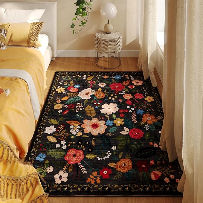 Rugcomf Bedroom Rug 3x5 Rug Washable Area Rug Non Slip Low Pile Boho Floral Small Carpet for Bedroom, Bedside, Kitchen, Entryway, Kids Room, Office, College Dorm Essentials for Girls(Black)