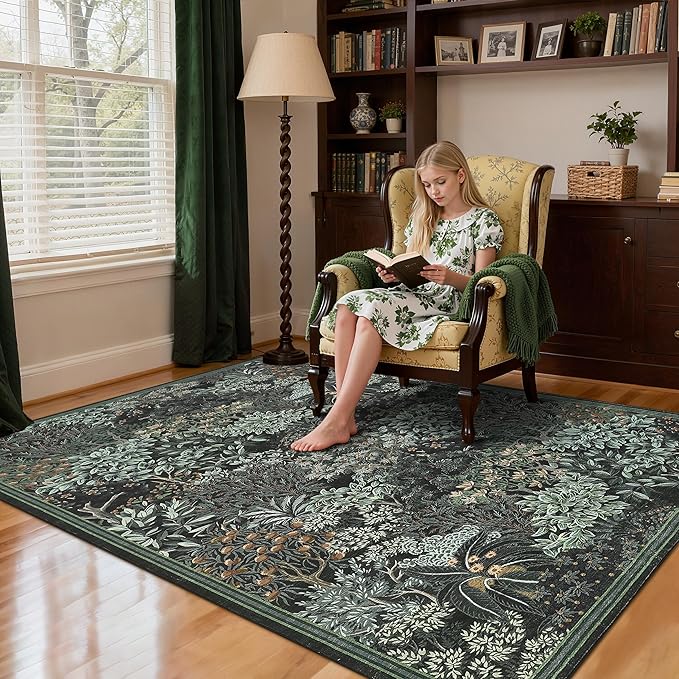 GarveeHome Forest Rugs 5x7, Black Green Washable Area Rugs for Living Room 5x7, Botanical Low Pile Non Slip Stain Resistance Woodland Rug for Farmhouse, Bedroom, Dining Room