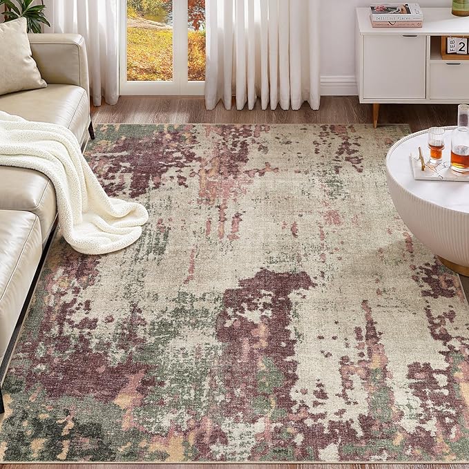 9x12 Area Rug Living Room Rugs - Washable Neutral Modern Abstract Soft Thin Rug Indoor Floor No Slip Rug Carpet for Bedroom Under Dining Table Home Office Decor - Purple/Green/Beige