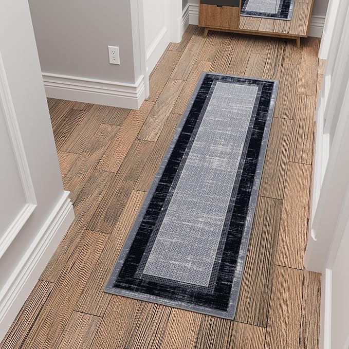 Ottomanson Hallway Runner Rug 1'10" x 7' Non Slip Border Area Rugs Easy to Clean Laundry Rug Runner Durable & Pet Friendly Floor Carpet Runners for Hallways Entryway Living Room Kitchen, Gray/Navy