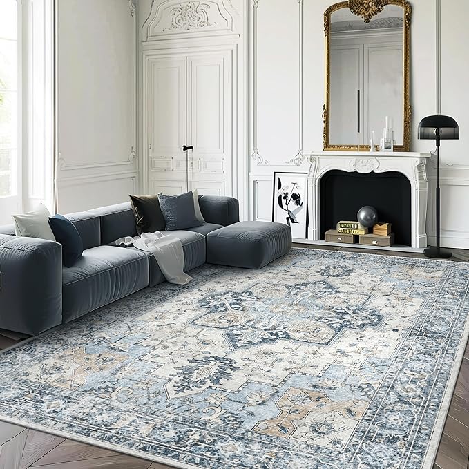 GENIMO 6x9 Area Rugs for Living Room, Non Slip Machine Washable Rugs, Low Pile Chenille Print Rug for Bedroom, Dining Room, Home Office, Blue