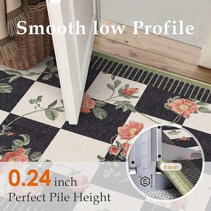 HUGEAR 3x5 Checkered Area Rugs Machine Washable Black and White Living Room Rug Floral Print Non-Slip Stain Resistant Low Pile Indoor Throw Carpet for Bedroom Home Unique Aesthetic Modern Decor