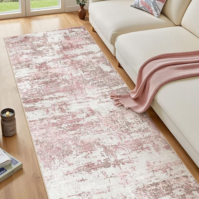 Area Rugs for Living Room: 3x8 Abstract Washable Rug Modern Neutral Large Soft Stain Resistant Non-Slip Backing Machine Table for Bedroom Dining Room Indoor Home Office Carpet - Pink