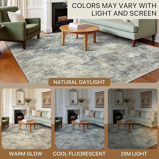 Area Rugs 10x12 for Living Room Bedroom, Modern Abstract Machine Washable Rug, Large Soft Low Pile Floor Carpet with Non Slip Backing for Dining Room, Light Gray Blue