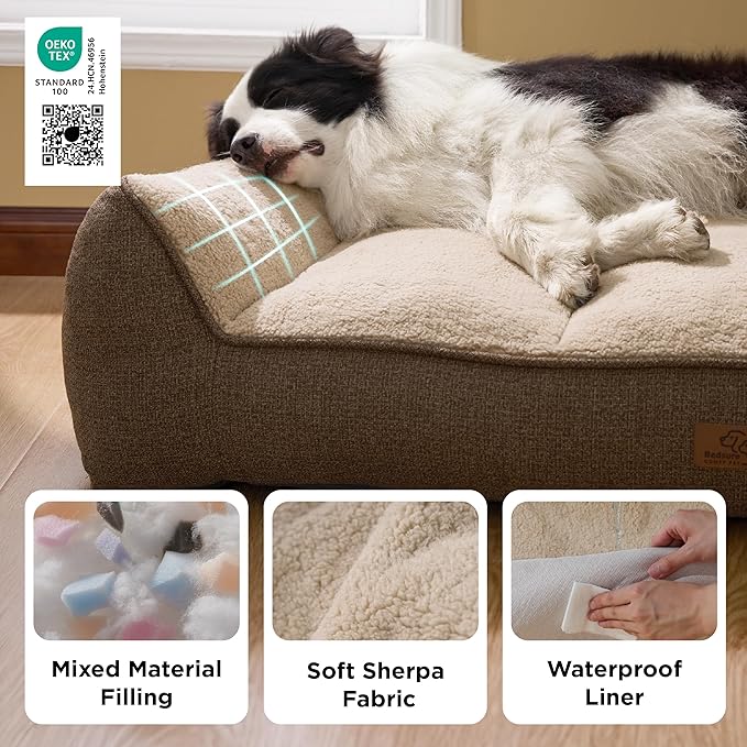 Bedsure SupportMax XL Orthopedic Dog Beds Large Sized Dog - Extra Thick Supportive Dogs Couch with Waterproof Washable Cover, Extra Large Comfort Pet Sofa with Soft Sherpa and Nonskid Bottom, Brown