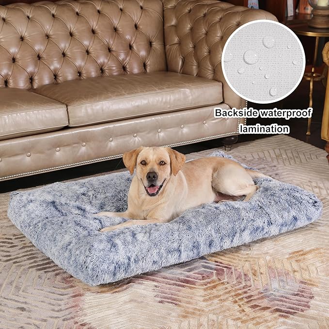 Bedfolks Plush Waterproof Dog Crate Bed, Removable Washable Cover, Faux Fur, 41"x27", Dark Blue