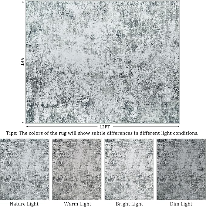 9x12 Area Rug Living Room Rugs - Washable Rug Large Modern Abstract Soft Thin Carpets Indoor Floor No Slip Vintage Carpet for Bedroom Under Dining Table Nursery Home Office Decor Gray White