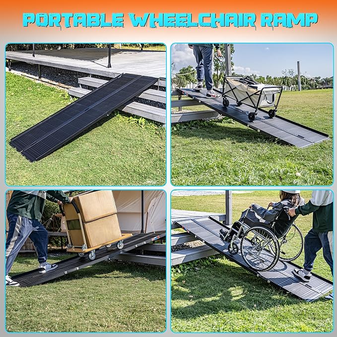 Black Portable Wheelchair Ramp, 7FT No-sew Non-Slip Aluminum Wheelchair Ramp, Folding Portable Wheelchair Ramps for Home, Weight Capacity Up to 800 LBS, Loading Dock Plates