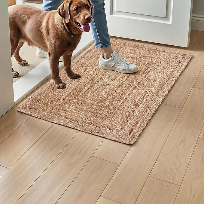 Hausattire Hand Woven Jute Braided Rug, 2'x3' ??Natural, Reversible Boho Entry Area Rugs for Kitchen, Living Room I Farmhouse Indoor Outdoor Decorative Floor Rug, 24x36 Inches