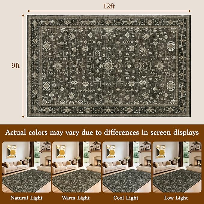 LBRO2M Distressed Washable Rugs 9X12 Area Rug for Living Room for Bedroom Dining Room Non Slip Farmhouse Rugs Easy Clean, Stain Resistant Carpet Great for Pets and Kids (9'X12' Dark Brown)