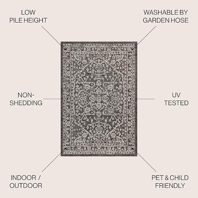 JONATHAN Y Boho Medallion Indoor Outdoor Square Area Rug 5X5 Black/Gray, Malta Textured Weave for Backyard, Patio, Porch, Easy-Cleaning, High Traffic, Pet-Friendly, Non-Shedding (SMB104C-5SQ)