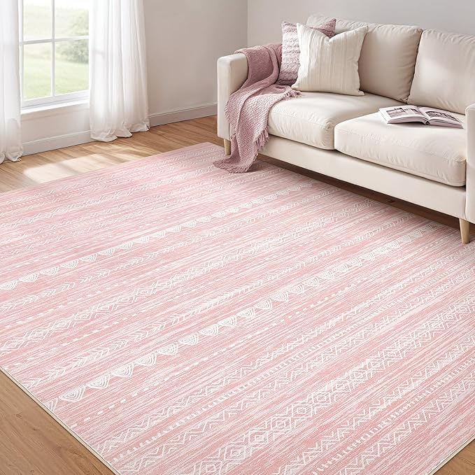 Nakagishi Pink Rugs for Bedroom Girls: 4x6 Washable Boho Large Neutral Area Rug Cute Soft Modern Indoor Floor Non Slip Accent Carpet for Living Room Nursery Kids Playroom Dorm Preppy Baby Room Decor