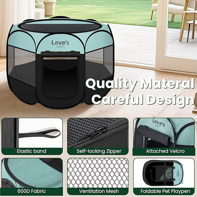 Love's cabin Pet Puppy Dog Playpen, Large Dog Tent Crates Cage Indoor/Outdoor, Portable Playpen for Cat, Foldable Pop Up Dog Kennel Playpen with Carring Case, Removable Zipper Top, Green