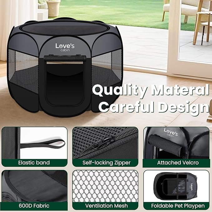 Love's cabin Pet Puppy Dog Playpen, Large Dog Tent Crates Cage Indoor/Outdoor, Portable Playpen for Cat, Foldable Pop Up Dog Kennel Playpen with Carring Case, Removable Zipper Top, Dark Grey