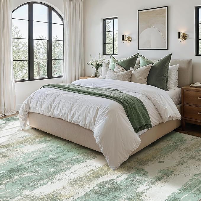 Area Rugs 7'6"x9'6" for Living Room Bedroom, Modern Abstract Machine Washable Large Light Green Rug Soft Rug, Low Pile Floor Carpet with Non Slip Backing for Dining Room