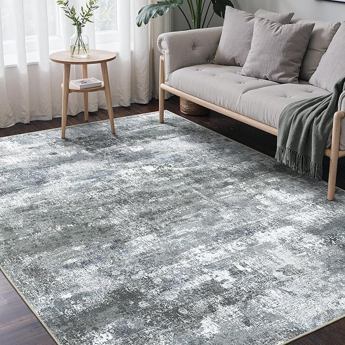 Area Rugs 6x9 for Living Room Bedroom, Modern Abstract Machine Washable Rug, Large Soft Low Pile Floor Carpet with Non Slip Backing for Dining Room, Silver Grey