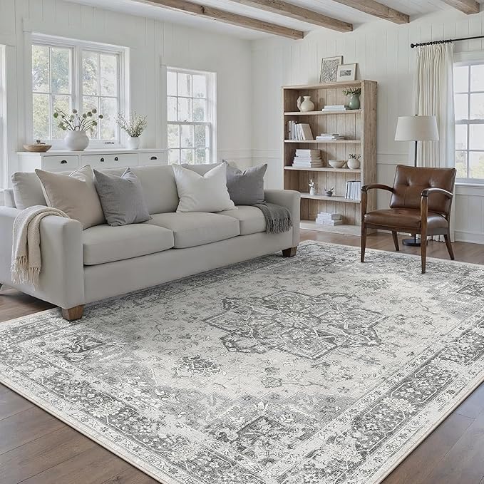 Gray 8x10 Area Rug Washable Vintage Living Room Carpet Non Slip Retro Distressed Low Pile Soft Oriental Medallion Thin Large Grey Throw Rug for Office Bedroom Dining Room Playroom