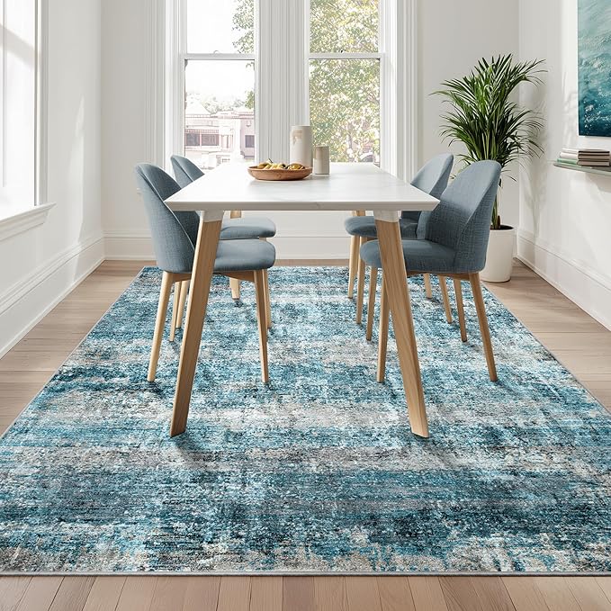 LEPEII 6x9 Area Rugs, Washable Modern Abstract Area Rugs for Living Room, Indoor Neutral Area Rug for Bedroom, Dining Room, Low Pile Non-Slip Non Shedding Rugs-Blue