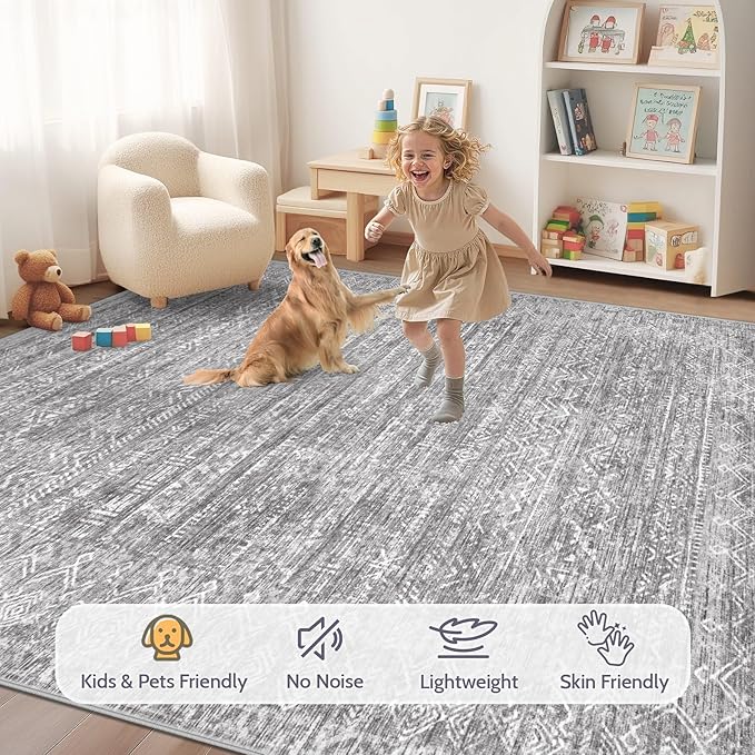 Washable Rug 5x7 Area Rugs: Modern Geometric Rugs for Living Room Non Slip Soft Low Pile Moroccan Indoor Carpet for Bedroom Nursery Dining Room Home Office (Grey, 5'x7')