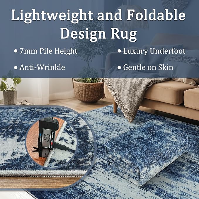 8x10 Area Rug Living Room Rugs - Washable Rug Large Modern Abstract Soft Thin Carpets Indoor Floor No Slip Vintage Carpet for Bedroom Under Dining Table Nursery Home Office Decor Deep Blue