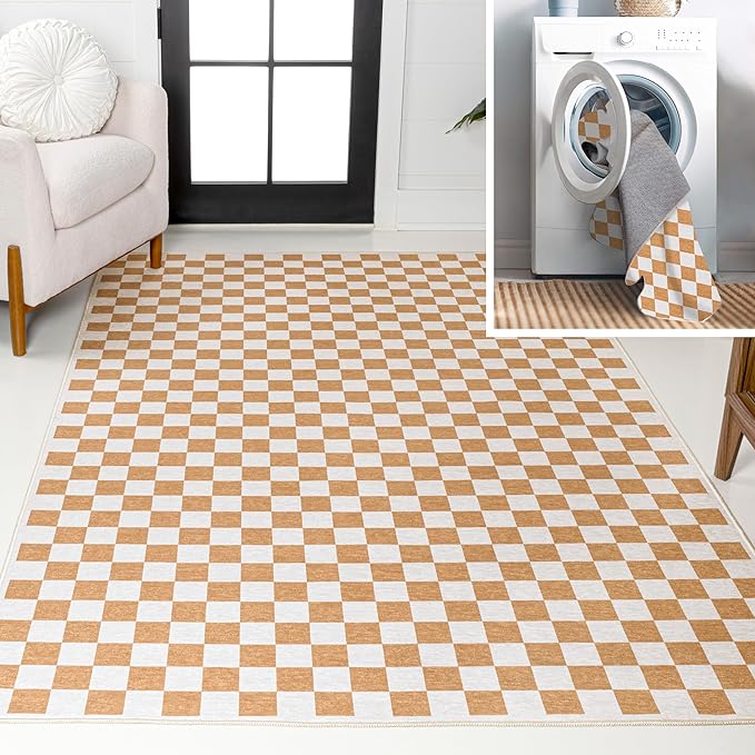 JONATHAN Y Machine Washable Gold/Cream Indoor Area Rug 3X5 ft, Ainsley Modern Cottage Checkerboard for Living Room, Bedroom, Kitchen, Office, Easy-Cleaning, Pet-Friendly, Non-Shedding WSH126B-3