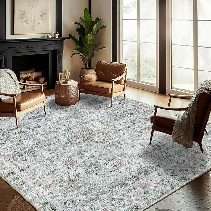 Washable Area Rug 9'x12' Boho Design Non-Shedding Easy Care Ideal for High Traffic Areas in Living Room Bedroom Office Coffee Table Kitchen Large Carpet