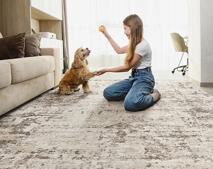 8x10 Area Rug Living Room Rugs - Washable Neutral Modern Abstract Soft Thin Large Rug Indoor Floor No Slip Rug Carpet for Bedroom Under Dining Table Home Office Decor - Dark Brown
