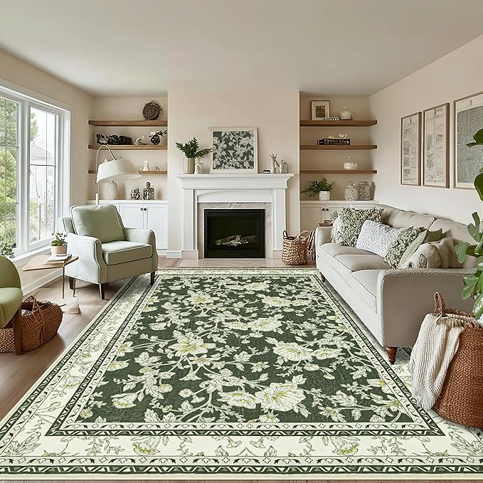 Olive Green Floral Print Area Rugs for Bedroom Living Room Boho Farmhouse Country Rustic Dining Room Carpet Soft Washable Rugs Non Slip Floor Covering for Nursery Playroom 10x12