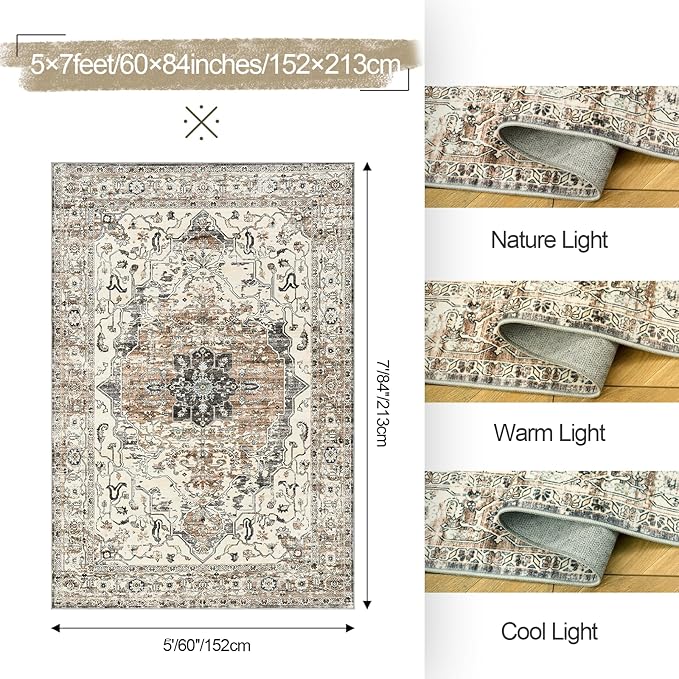 5x7 Area Rugs for Living Room, Stain Resistant Neutral Washable Rugs for Dining Room, Floral Vintage Non-Slip Thin Large Size Area Rug (Brown/Grey)