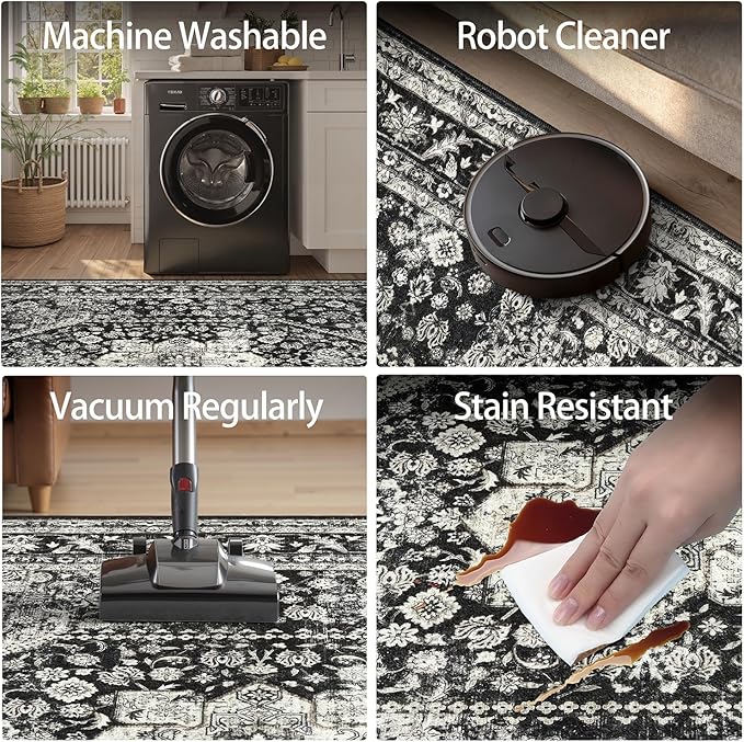 DCX Machine Washable Black Entryway Rug 3x5, Non Slip Stain Resistant Vintage Floral Rug for Kitchen Bathroom Front Door Throw Rugs Indoor, Soft Low Pile Small Rugs for Entry
