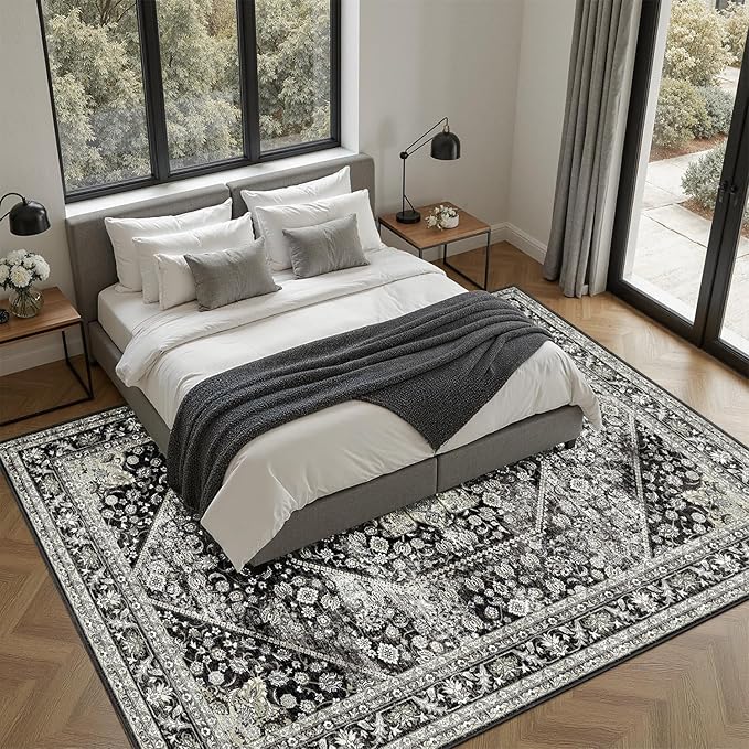 DCX Machine Washable Black Entryway Rug 3x5, Non Slip Stain Resistant Vintage Floral Rug for Kitchen Bathroom Front Door Throw Rugs Indoor, Soft Low Pile Small Rugs for Entry