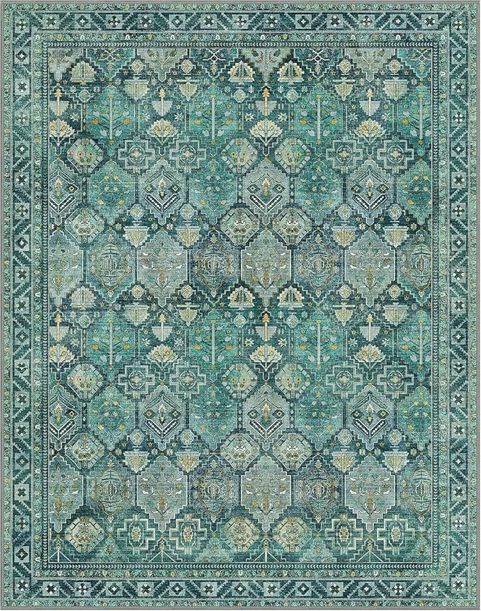 Bavni Washable Rug 6x9 Area Rug for Living Room Bedroom Dining, Washable Vintage Print Carpet, Ultra-Thin Chenille Low Pile Lightweight Rug with Non Slip Backing, Dark Green
