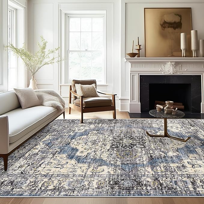 8x10 Area Rugs for Living Room, Stain Resistant Neutral Washable Rugs for Dining Room, Floral Vintage Non-Slip Thin Large Size Area Rug (Blue/Black)