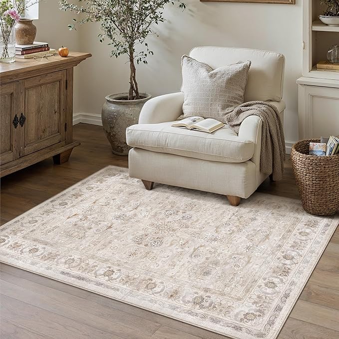 3x5 Area Rug Entryway Beige Washable Vintage Carpet Office Small Indoor Non Slip Soft Low Pile Thin Stain Resistant Distressed Accent Throw Rug for Entrance Bedroom Dining Living Room