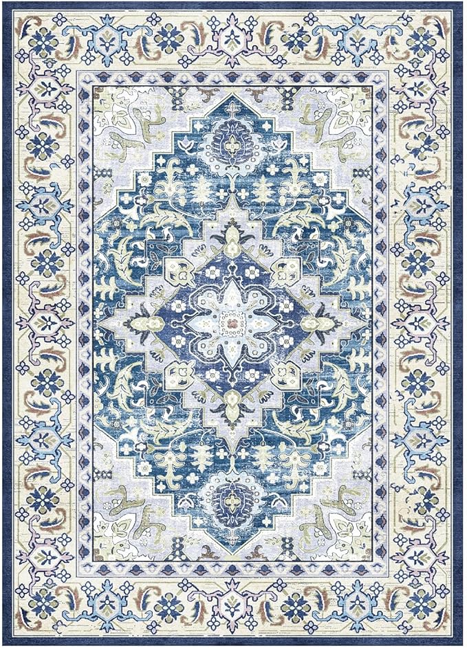 Lessymo 5x7 Area Rug for Living Room - Machine Washable Area Rugs, Super Soft Faux-Wool Area Rugs for Bedroom Kitchen, Boho Rug Vintage Floral Non-Slip Low Pile, Dark Blue