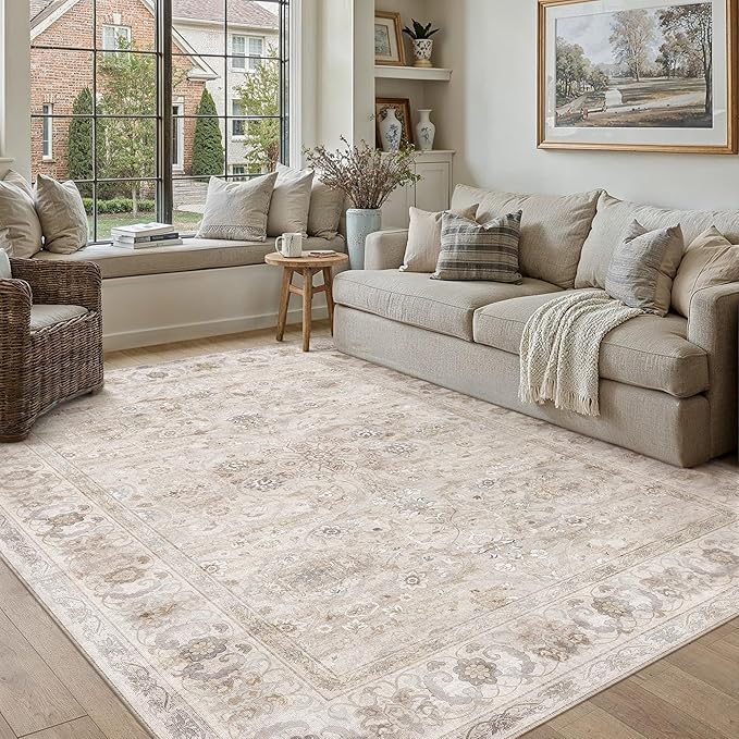 6x9 Area Rug Beige Washable Vintage Living Room Carpet Bedroom Large Indoor Non Slip Soft Low Pile Thin Stain Resistant Distressed Accent Throw Rug for Dining Office Nursery